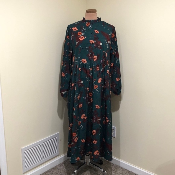 Francesca’s Collection Maxi Dress Size 1X Forest Green Orange Poppy Floral Print - Picture 2 of 9